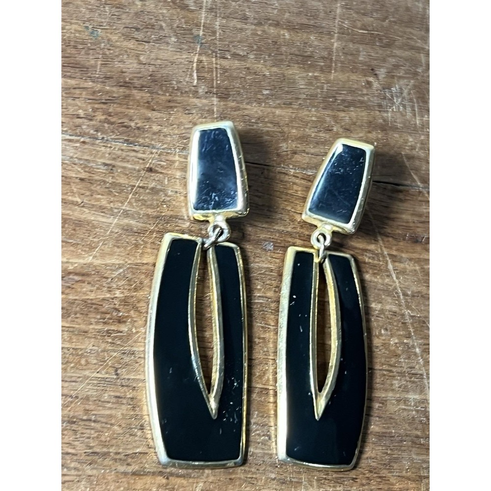 Vtg Berebi Stud Earrings-Art Deco Funky Black Drop Studs Goldtone Base Metal Mcm